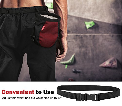 Rhino Valley Chalk Bag, Rock Climbing Chalk Bag No Leak Strawstring Bag with Adjustable Belt and Carabiner for Climbing, Gymnastics, Weight Lifting - Black & Red - Thumbnail 3