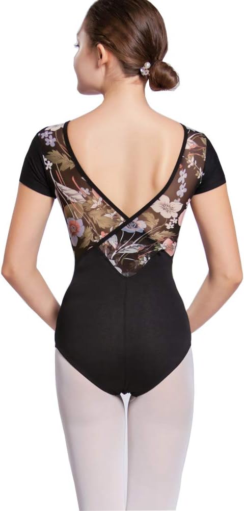 Limiles Women's Ballet Dance Short Sleeve Lace V Back Leotards