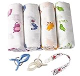 Swaddle Blanket (Premium Bamboo Muslin) 4 Pack + Bonuses: Stroller Clips & Baby Sleeping Guide By BabyVoice (White)