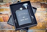 Best Man Proposal Gifts- Will You Be My Best Man Flask Box Set- Whiskey Flasks For Asking Best Men - Extra Thick 5mil #304 Stainless Steel, Laser Engraved Design, Black 2PC Best Man