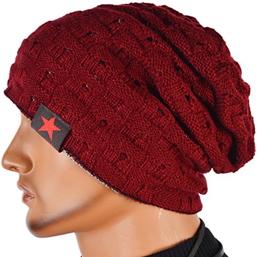 Men Reversible Slouchy Beanie Hat Unisex Skull Hat (red)