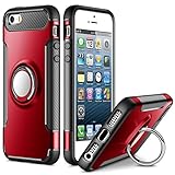 SAMONPOW Slim Fit Hybrid Dual Layer Armor iPhone 5s Case Shock Absorption Rugged Defender with Ring Holder Kickstand Drop Protection Cover Soft Rubber Bumper Case for iPhone 5 / 5s / SE - Red