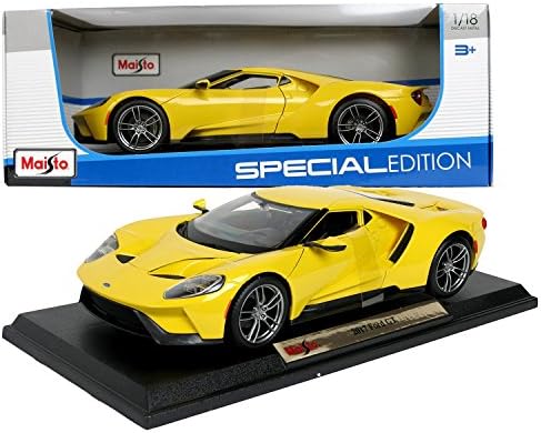 Maisto Special Edition Series 1:18 Scale Die Cast Car - Yellow Sports Coupe 2017 FORD GT with Gull Wing Doors & Display Base (Dim: 10" x 2-1/2" x 4")