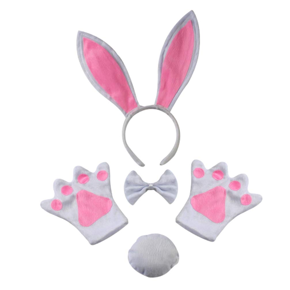 Minkissy Bunny Cosplay Set Bunny Headband Bowtie Paws Hair Tie Easter Rabbit Costume Kit for Cosplay Party, 4pcs (White for Adult)