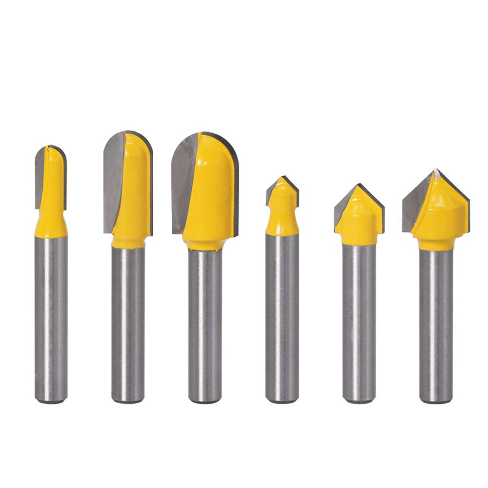 Gasea 6pcs 1/4 Inch Shank 1/4" 3/8" 1/2" Router Bits Set, Including 3pcs Deep Round Nose Router Bit and 3pcs 90° V Groove Woodworking Milling Cutter Tool