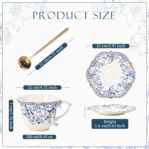 2PCS 250ml Tea Cup and Saucer Set, 8oz Floral Blue Porcelain Coffee Cups for Tea, Cappuccino, Latte, Elegant Vintage Bone China Tea Set for Home or Gift