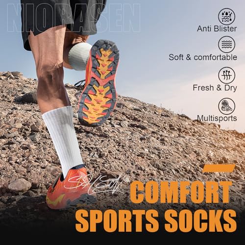 Niorasen 6 Pairs Mens Socks, Cushioned Breathable Sports Socks Outdoor Multipack, Comfortable Crew Cotton Athletic sock for Work Walking Hiking Running, Black White Grey Pure Black Pure White