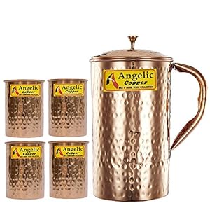Angelic Copper Handmade Copper Jug with Glasses Set, Set of 4, Brown