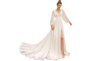 RJER Long Sleeve Beach Wedding Dresses for Bride Chiffon Prom Dress Lace Boho Bridal Wedding Gowns
