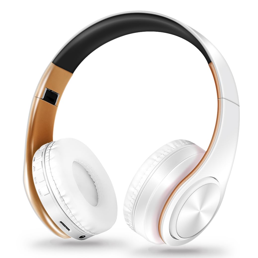 Photo 1 of Bluetooth Headset Stereo Sound Computer Headset for Gaming Meetings Chat- Comfortable Over-Ear PC Headphones with Mic/Soft Earmuffs/Foldable/SD/TF 3.5 Jack for Universal Connectivity (white gold)