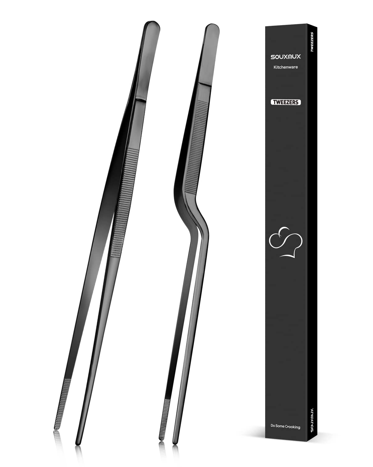 SouxMux 30.5CM Cooking Tweezer and Offset Tweezer Set, Tongs Precision Serrated Tips, Stainless Steel Professional Chef Tweezer Kitchen Tools for BBQ, Plating and Serving, Black
