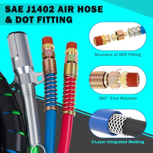 CheeMuii - Kit de línea de aire de semirremolque de 12 pies con soporte Gladhand y resortes, mangueras de freno rojo y azul y cable de remolque de 7 vías 3 en 1 para tractor