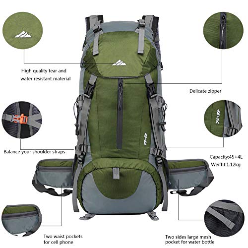 Seenlast 50L Unisex Travel Hiking Backpack Outdoor Sport Daypack Water-Resistant Bag with Rain Cover for Climbing Camping Touring Mountaineering(Green) - Thumbnail 2