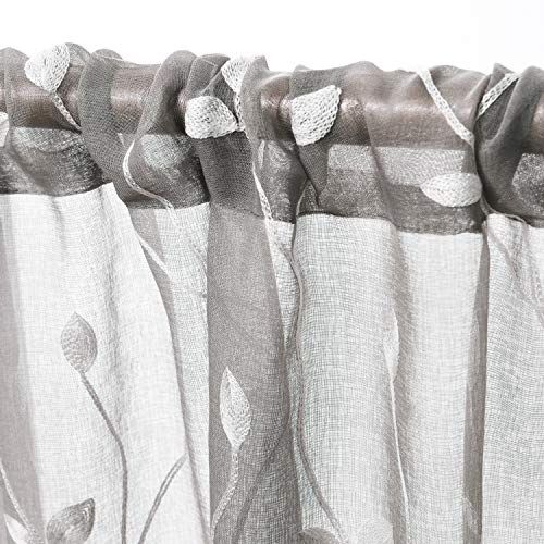 AmHoo Floral Leaf Embroidery Semi Sheer Curtain Rod Pocket Voile Sheer Curtains Set of 2 for Living Bedroom Window Treatment (Light Grey, 53 x 84)