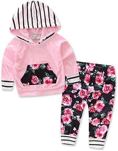 Thrivqyaf Baby Girls Floral Hoodie+ Floral Pant Set Leggings 2 Piece Outfits (12-18 Months, Pink 1)