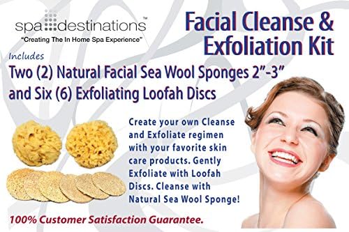 Facial Cleanse and Exfoliate Kit by Spa Destinations® - Kit Includes Two (2) Natural Facial Sea Wool Sponges 2"-3" and Six (6) Natural Exfoliating Loofah Discs.