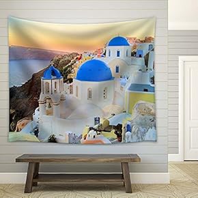Blue Domed Church in Greek Islands Santorini - Fabric Tapestry, Home Decor - 51x60 inches
