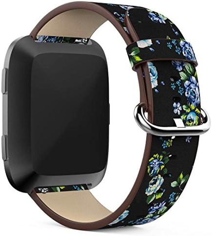 YuKing Flower Design Strap for Fitbit Versa,Soft PU Leather Floral Printed Style Watch Band Strap Wrist Band for Fitbit Versa Smart Fitness Watch (Black+ Green flower)