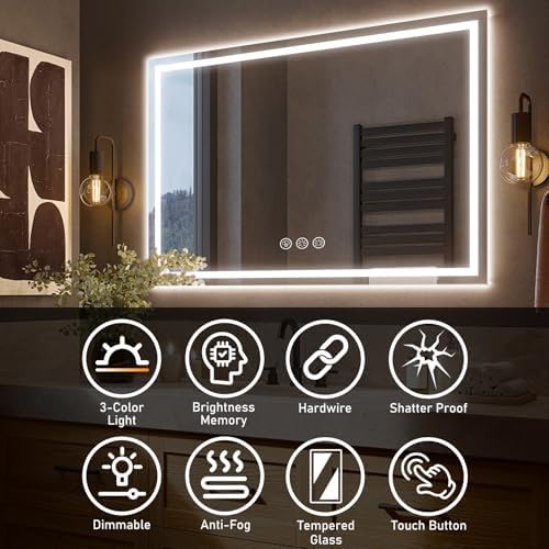 Badspiegel mit Beleuchtung LED, 100x70cm Spiegel mit Light, Wandspiegel mit Frontbeleuchtung, Antibeschlagfunktion, Dimmbar, mit 3 Einstellbaren Lichtfarben