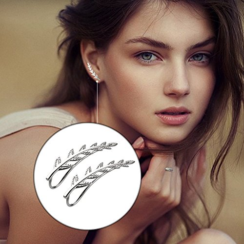 Feramox Ear Crawler Cuff Earrings Sterling Silver Ear Climber Studs Olive Leaf Hypoallergenic