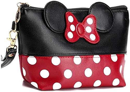 Mouse Ears Style Polka Dots Bow Knot Make Up Bag Cosmetic Bags for Women Girls Cartoon PU Wallet Portable Travel Purses with Wristband Makeup Pounch Gifts