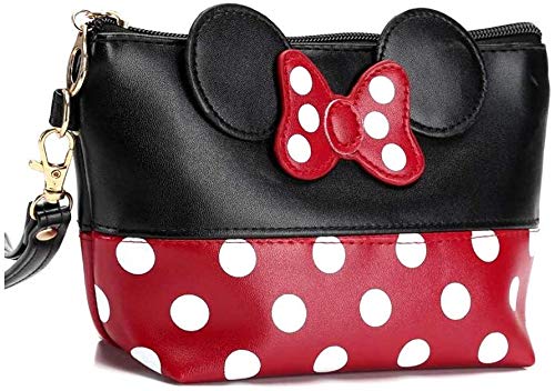 Mouse Ears Style Polka Dots Bow Knot Make Up Bag Cosmetic Bags for Women Girls Cartoon PU Wallet Portable Travel Purses with Wristband Makeup Pounch Gifts