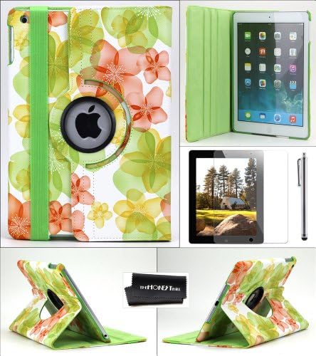 TheHonestBill PU Leather 360 Degree Rotating Case Cover for Apple iPad Air/ iPad 5 + Screen Protector Film + Stylus Pen + Microfiber Cleaning Cloth [in Retail Packaging] (Green Pink Flower)