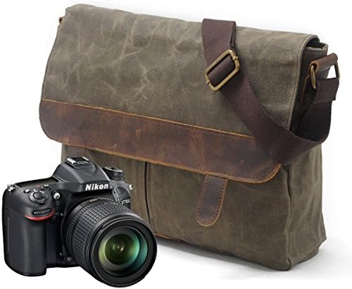Awaytoy Camera and Lens Shoulder Bag Waterproof Wax Canvas with Crazy Horse Leather Trim Men Messenger Carema Bag Fit DSLR SLR For Canon Sony Nikon Olympus Green