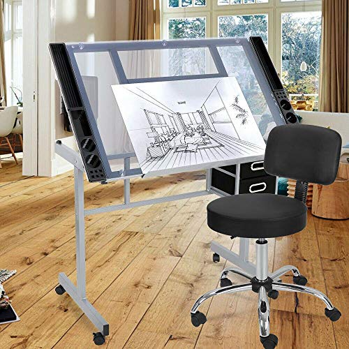 9TRADING Adjustable Hydraulic Salon Stool Chair +Drafting Table Craft Station with Glass Top