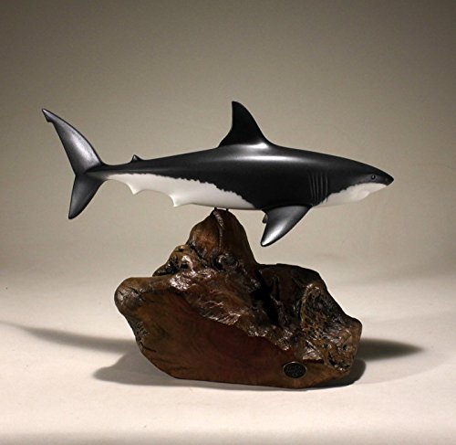 Great White Shark Sculpture by John Perry 15in Long Airbrushed on Burl Wood Decor