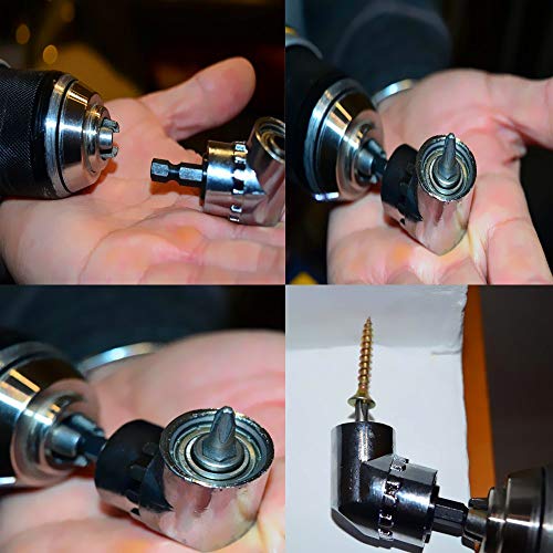 Right Angle Drill+3pc Impact Grade Socket Adapter/Extension Set,105 Degree Multifunction Right Steel Angle Driver Angle Extension Power Screwdriver 1/4inch Hex Bit Socket Holder Power Drill Tool