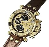 Konigswerk Mens Dress Watch Big Face Brown Leather Strap Gold Tone Dial Multifunction Day Date AQ101131G