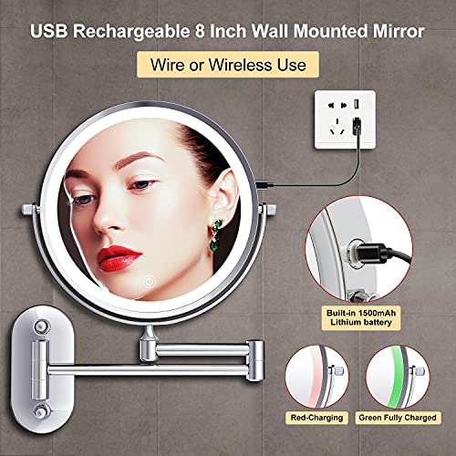 Rechargeable Lighted Makeup Mirror Wall Mounted, 10X Magnifying Mirror for Bathroom, Double