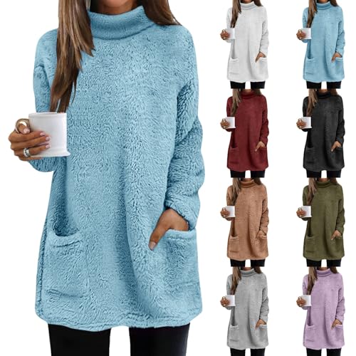 Womens Fleece Sweatshirt Plus Size Turtleneck Jumpers Warm Teddy Plush Longline Pullover Long Sleeve Cosy Sweatshirts with Pockets Ladies Casual Fuzzy Tops