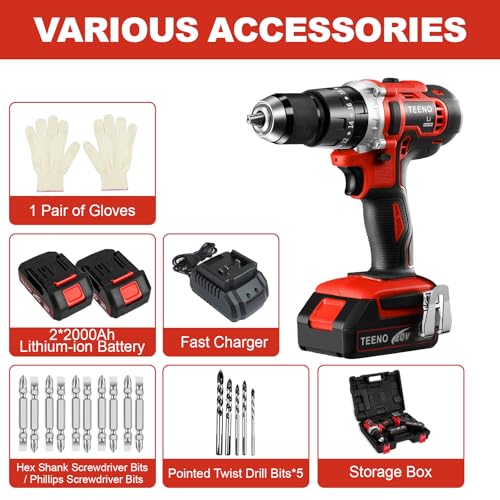 TEENO Cordless Drill Set, Hammer Drill Driver Set 20V 2x2.0Ah Li-Ion Battery, 1/2", with 15 Pieces Bits in Kitbox for Wood Drilling & Screwdriving/Fastening & Metal, Masonry