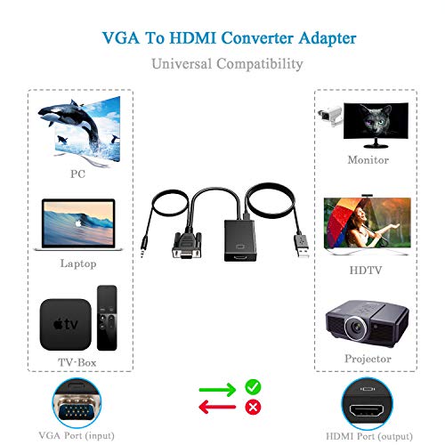 VGA to HDMI Converter Adapter, Output 1080P VGA Male to HDMI Female Audio Video Cable Converter Adapter for HDTV, AV, HDTV, Computer, Desktop, Laptop, PC, Monitor, Projector, Displayers