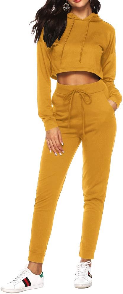 Unifizz Women's Short/Long Sleeve Crop Hoodie and High Waist Jogger Pants Casual 2 Pieces Outfit Tracksuit Sets