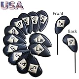 Golf Head Covers Iron Set 12 Piece 3 4 5 6 7 8 9 Lw Pw Sw Aw for Both Left and Right Handed, Leather Irons Club Headcovers Deluxe Color Black Blue Red Universal Fit Nike Titleist Callaway Ping
