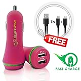 Pink USB Car Charger with FREE 2in1 Charging Cable - Portable Universal High Power Dual Port Output 4.8A/24W & Rapid Charge Lightning and Micro-USB Cable - Compatible with iPhone,Samsung,HTC,Garmin