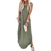Women's Loose Sundress Long Dress Sleeveless Split Maxi Dresses 2026 Summer Beach Dress with Pockets