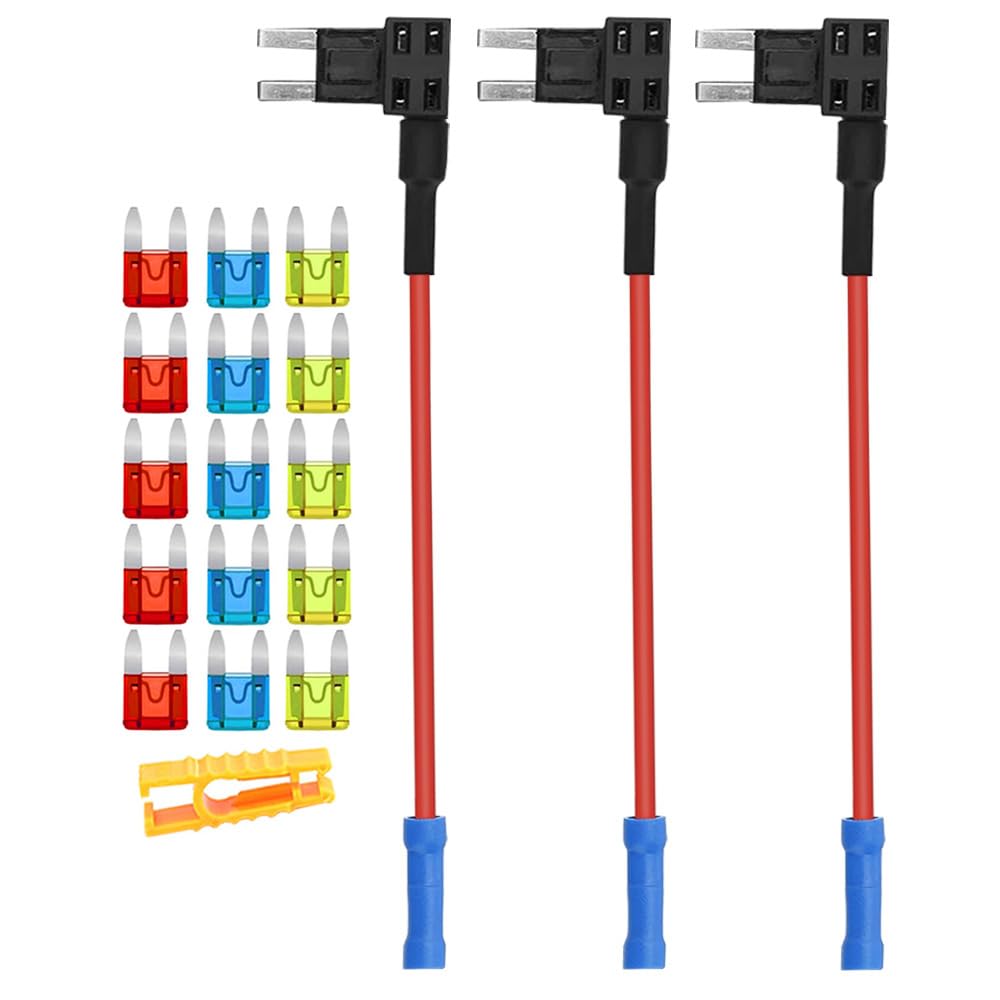 Aiqeer 3 Pieces 12V / 24V Small Piggy Back Fuse Holders, Car Add-a-Circuit Fuse Tap with Wire Harness, Free 15 Pieces Mini Blade Fuses and Fuse Puller (Crimp Terminal)