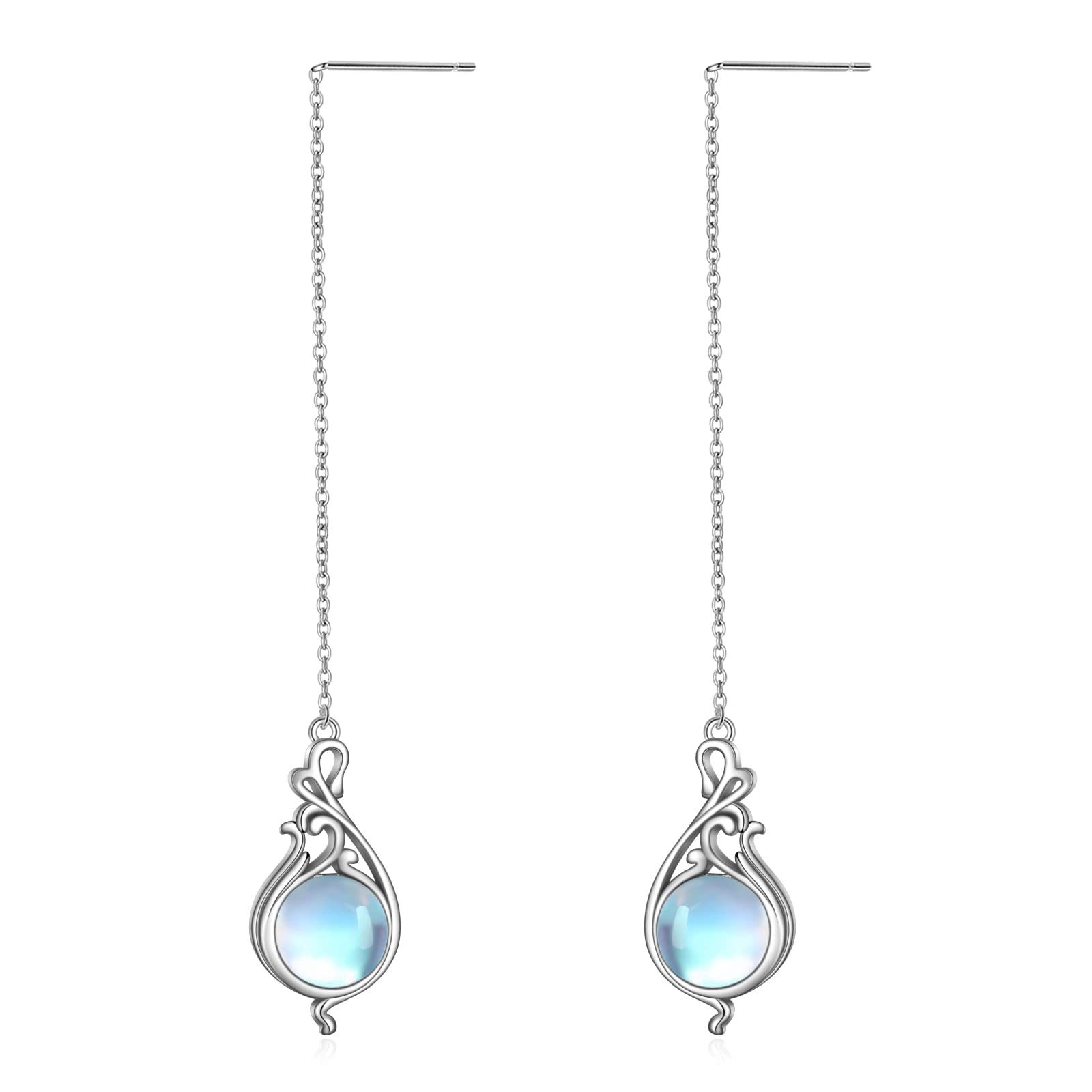 Filigree Moonstone Threader Earrings Sterling Silver Tear Drop Dangle Through Long Chains Earrings Jewellry for Women