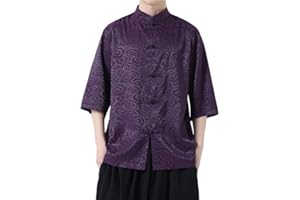 WQHANFU Men's Short Sleeve Tang Suit Shirt Chinese Traditional Ice Silk Shirts Casual for Men Kung Fu Shirt