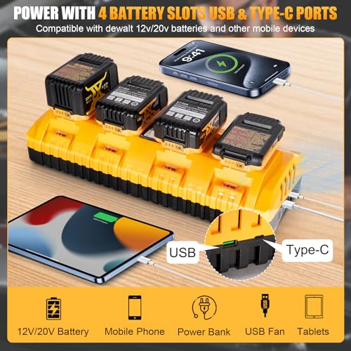 DCB104 Replacement for Dewalt Battery Charger Station, 4 Port Fast Rapid Charging Station with USB and Type-C Ports Compatible with All Dewalt 12V 20V Max Lithium Battery | Includes USB and Type-C Ports, 76.77in Detachable Power Cord, Wall-mounted, Multiple Safety Protection