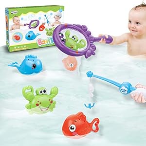 Dwi Dowellin Bath Toys Fishing Games with Fish Net Squirt Fishes Crab Pool Bath Time Bathtub Toy for Toddlers Baby Kids…