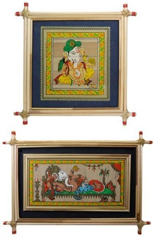 Set of 2 Framed Ganesh Paintings with Blue Border