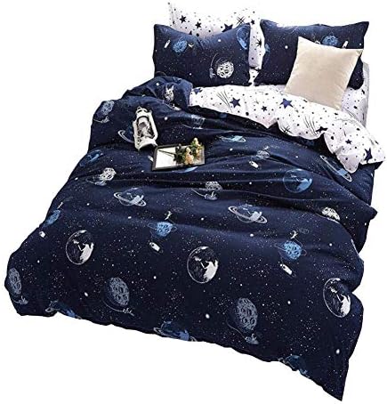 Andrui Bedding Set Star Planet Galaxy Space Universe Print Boys Duvet/Quilt Cover and Pillowcases Navy Blue Planet Spaceship Single Size Bedding Sets Zipper Closure Easy Care