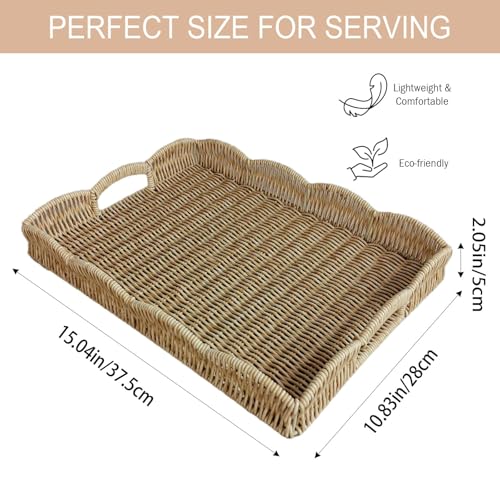 Serving Tray with Scalloped Edge, Rectangular Wicker Tray with Handles, Ideal for Breakfast or Meals in Bed and on Sofa, Decorative Coffee Table Tray to Enhance Dining