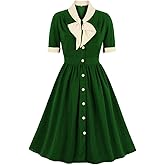 Women Short Sleeve Tie Neck Vintage Cocktail Party Dress Buttons Down 50s 60s 1950s Audrey Hepburn Rockabilly Short Prom Dress Casual Office Work Fit and Flared Dress A-Line Evening Gown Green-Tie XL