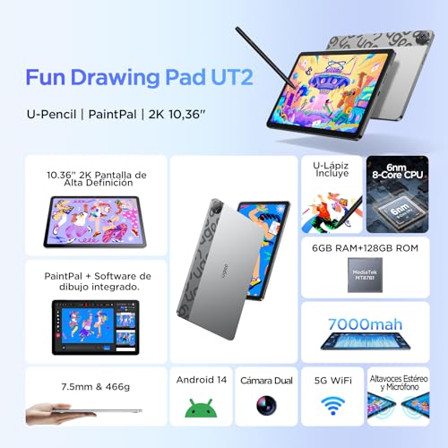 UGEE UT2 Tablet Independiente 10,36 Pulgada - 6GB+128GB, Pantalla 2K Ultra HD Totalmente Laminada, 8.0MP Cámara Frontal y Trasera, Tableta Android 14, Batería de 7000mAh, Incluye U-Pencil